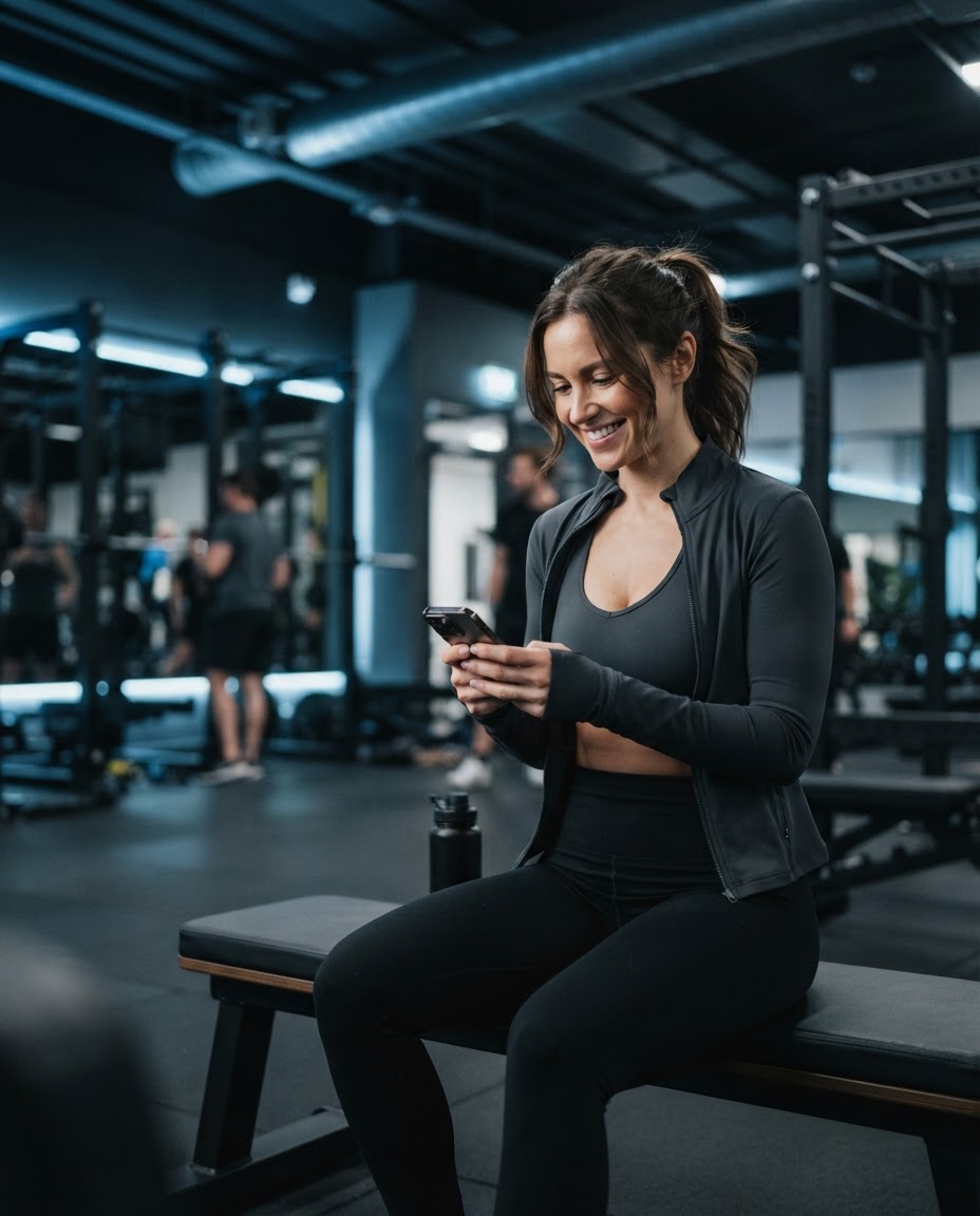 Content creator smiling while chatting with fans on her phone between sets at the gym