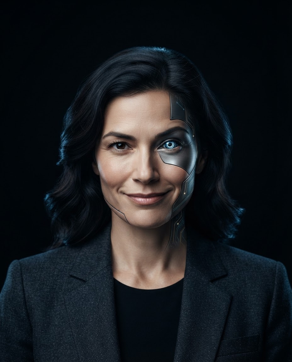 Synthetic AI demo portrait of an adult woman with visible cyborg facial details